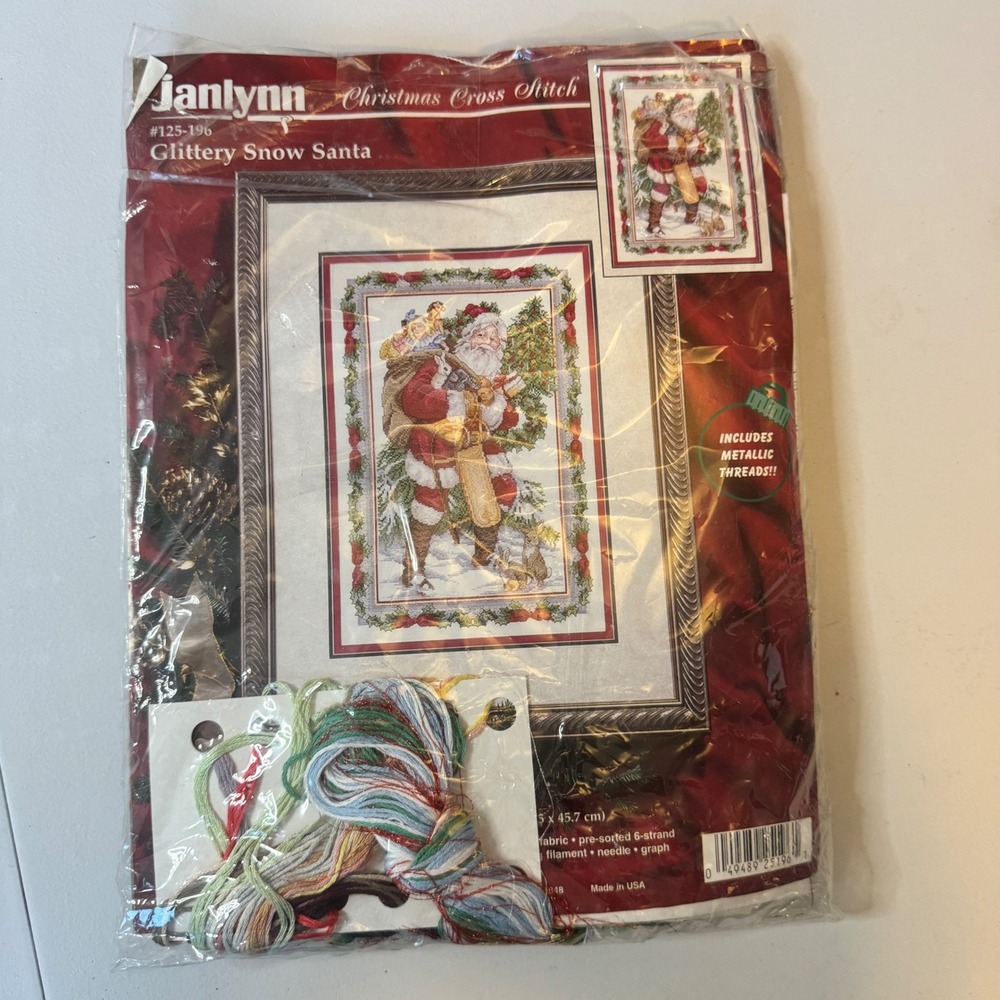 Janlynn Glittery Snow Santa Cross Stitch Kit Red White 12x18 Metallic Thread
